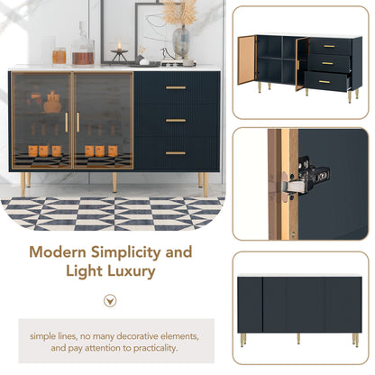 Modern Sideboard Buffet Cabinet Marble Sticker Tabletop And Amber-Yellow Tempered Glass Doors With Gold Metal Legs & Handles - Navy Blue