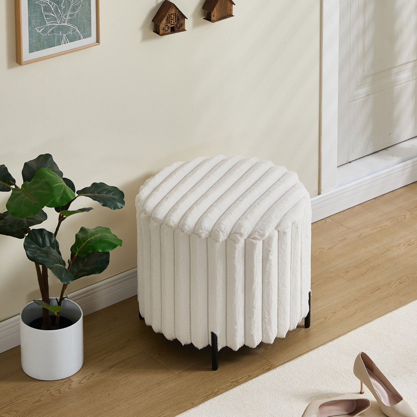 Upholstered Round Pouf Ottoman Foot Rest With - Beige
