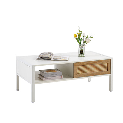 40.16" Rattan Coffee Table, Sliding Door For Storage, Metal Legs, Modern Table For Living Room - White