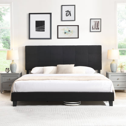 King Size Upholstered Platform Bed Frame With Linen Fabric Headboard, No Box Spring Needed, Wood Slat Support - Black