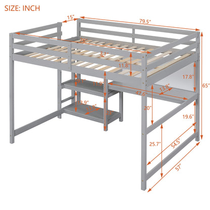 Full Size Loft Bed With Shelves, Desk And Writing Board - Gray