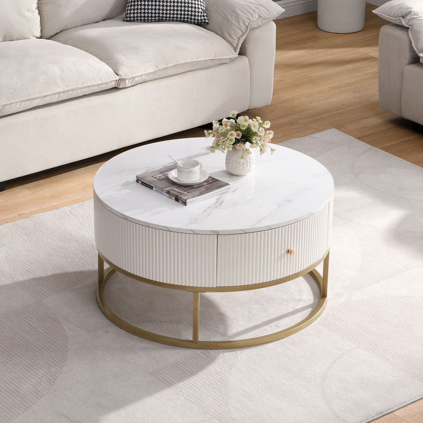 Modern Round Coffee Table With Drawers, Faux Marble, Metal Frame - Off White