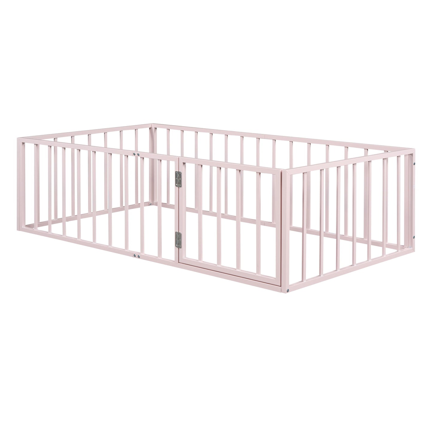 Twin Size Floor Bed Frame With Fence And Door - Pink