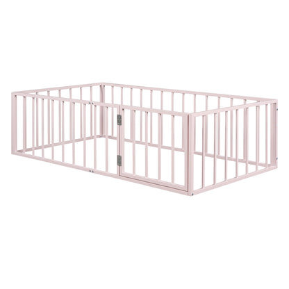Twin Size Floor Bed Frame With Fence And Door - Pink