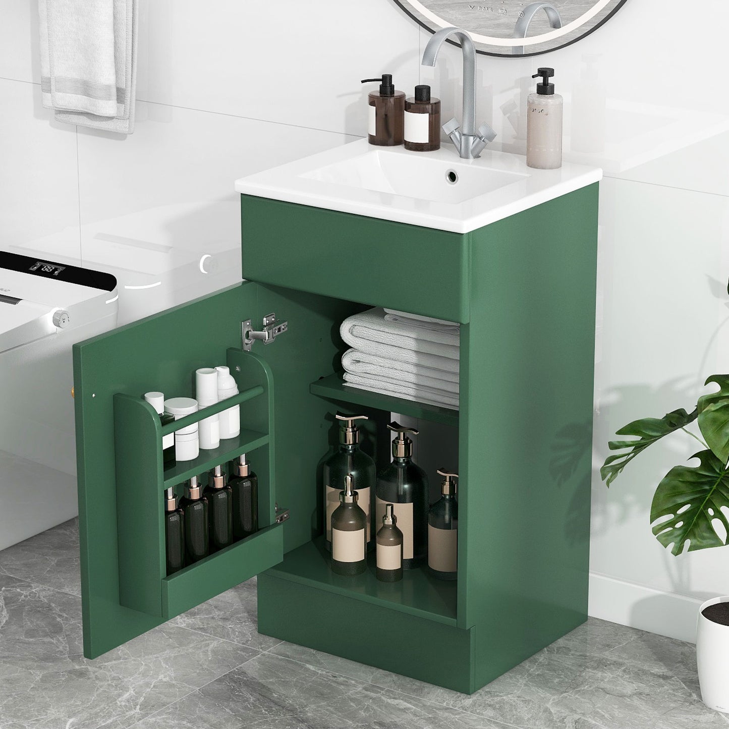 18" Bathroom Vanity With Sink, & Ceramic Cabinet With Adjustable Shelf - Green