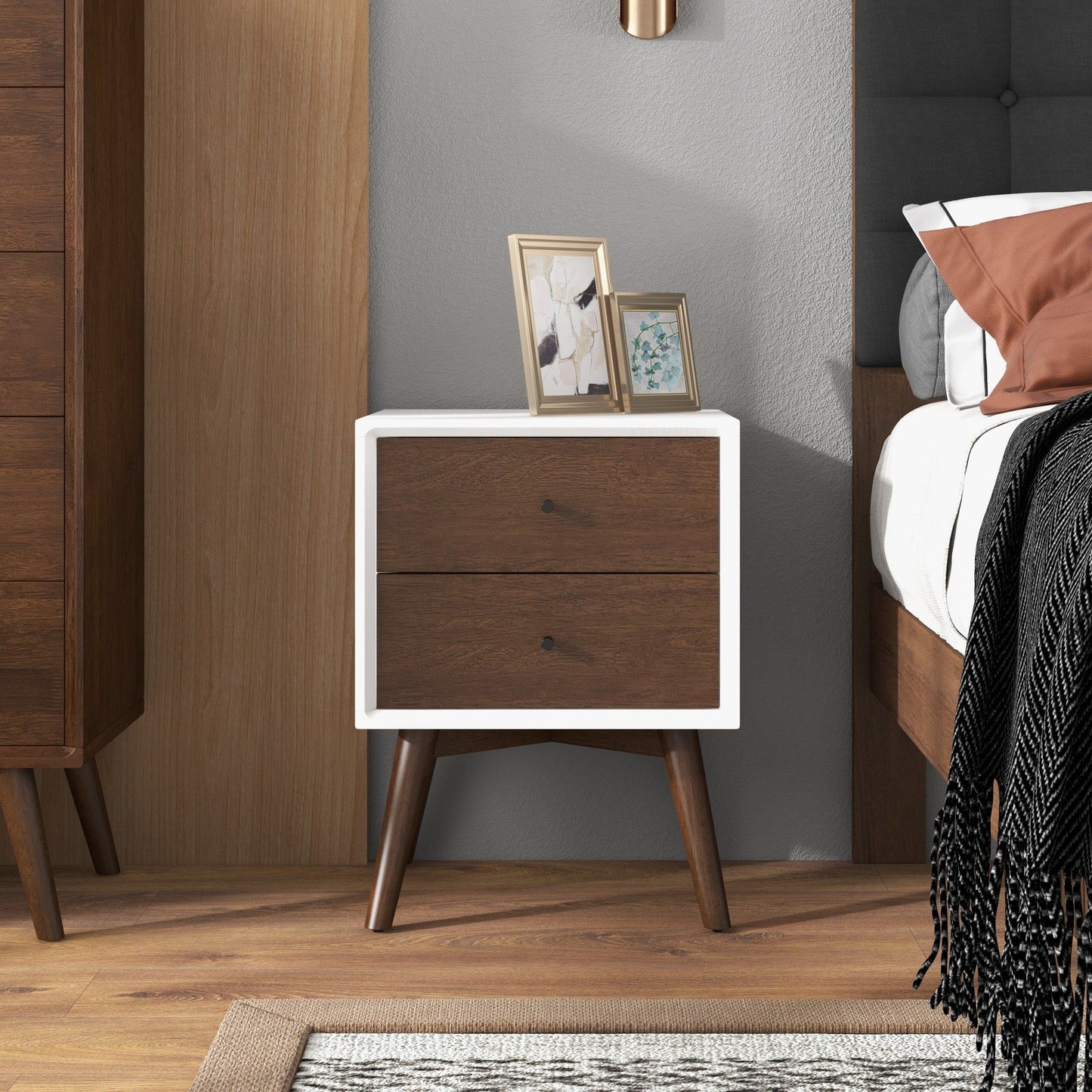 Caroline - Mid-Century Modern Style White Night Stand 2 Drawer - Dark Brown / White