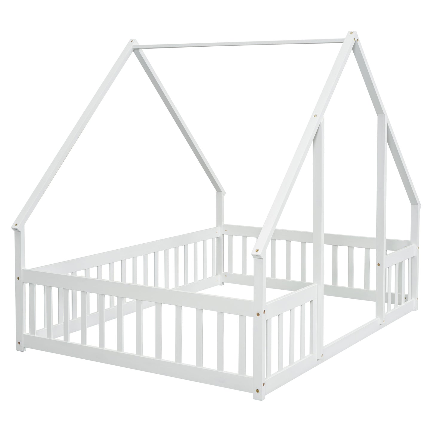 Full Wood House-Shaped Floor Bed With Fence, Guardrails - White