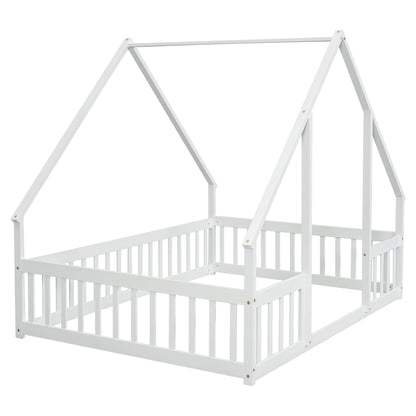 Full Wood House-Shaped Floor Bed With Fence, Guardrails - White