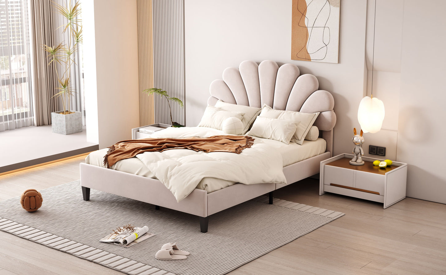 Full Size Upholstered Platform Bed With Flower Pattern Headboard - Beige