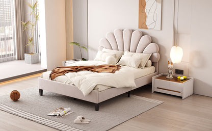 Full Size Upholstered Platform Bed With Flower Pattern Headboard - Beige