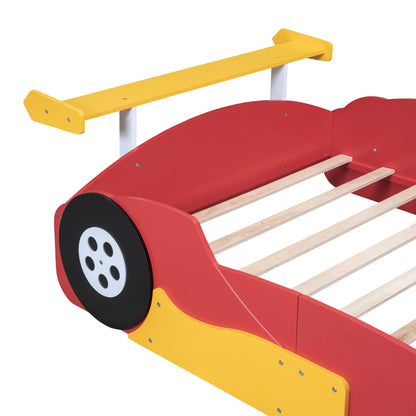 Full Size Race Car Shaped Platform Bed With Wheels - Red