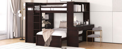 Full Size Loft Bed With A Twin Size Standalone Bed, Shelves, Desk, And Wardrobe - Espresso