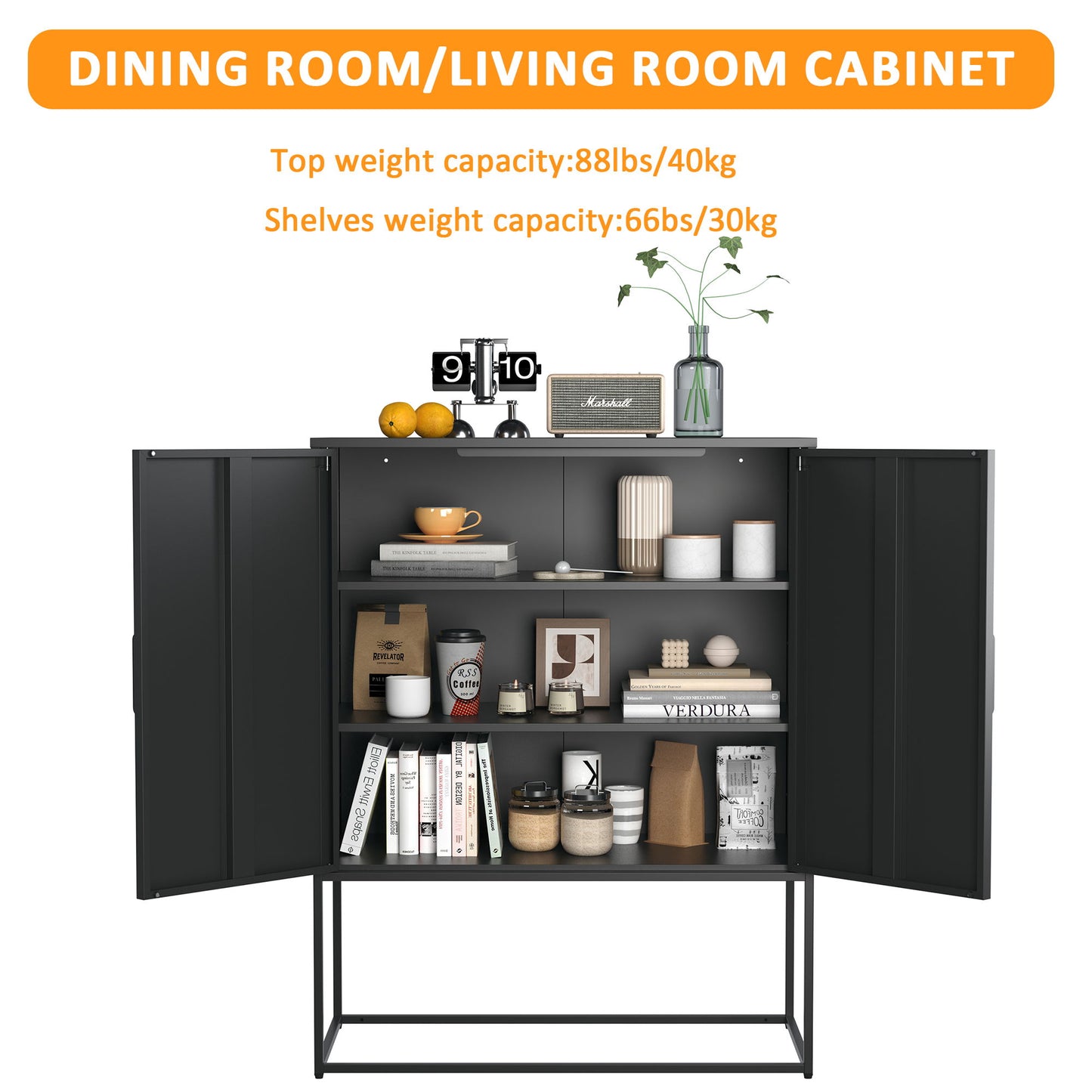 Heavy Duty Metal Buffet Sideboard Modern Steel Storage Cabinet With 2 Shelves, Free Standing Accent Cabinet With Magnetic Doors For Bedroom, Kitchen, And Home Office, Anti-Tip Design - Black