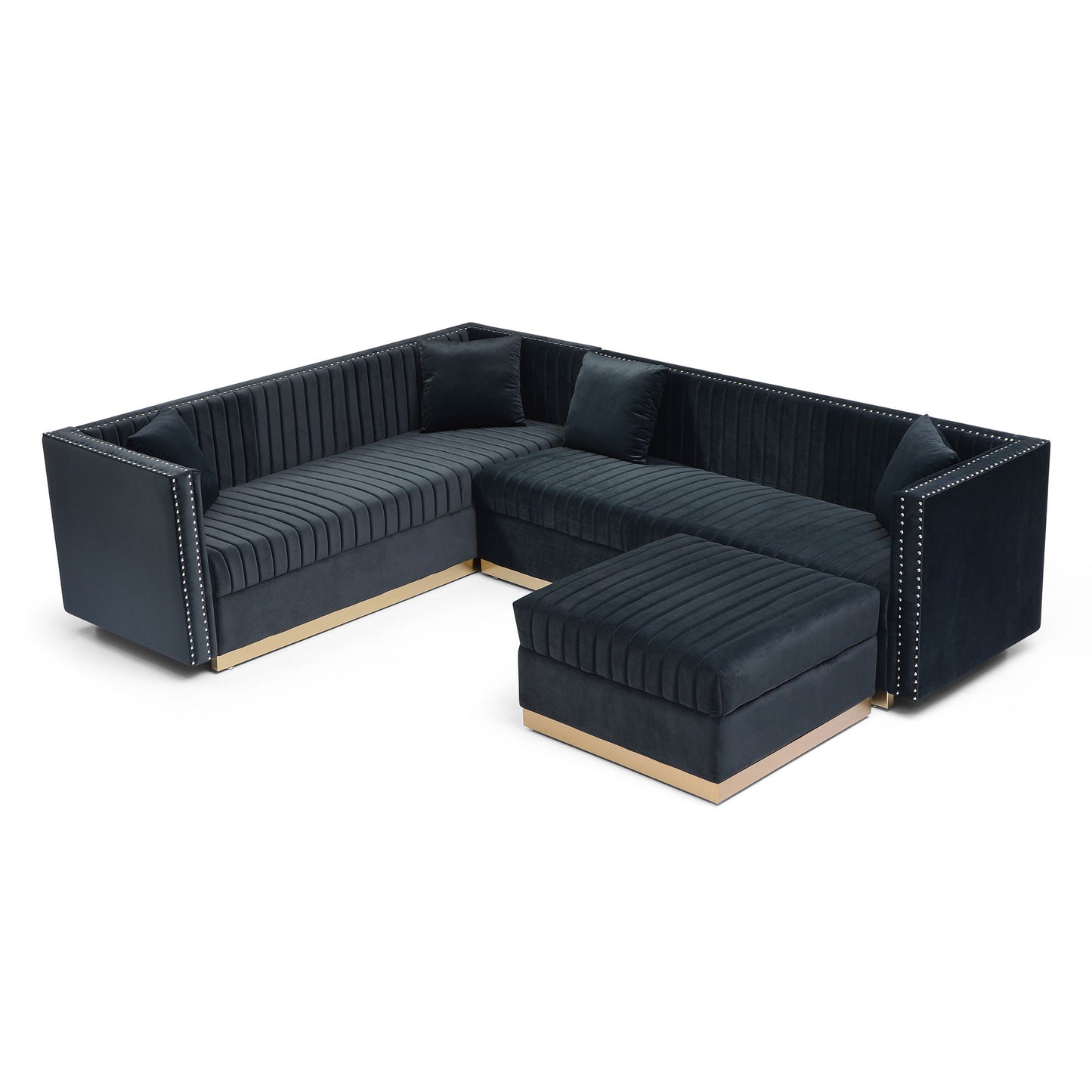 Contemporary Vertical Channel Tufted Velvet Sectional Sofa For Living Room Apartment With Ottoman And 4 Pillows - Black