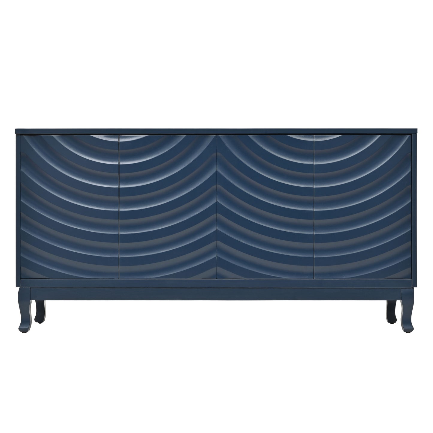 Elegant Sideboard With Sophisticated Wavy Pattern Doors And Arched Groove Design, Adjustable 4 Door Layout - Navy Blue