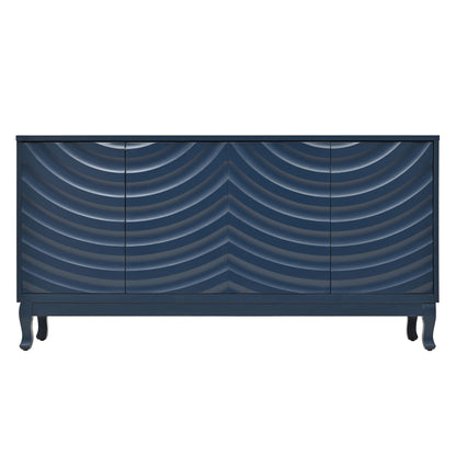 Elegant Sideboard With Sophisticated Wavy Pattern Doors And Arched Groove Design, Adjustable 4 Door Layout - Navy Blue