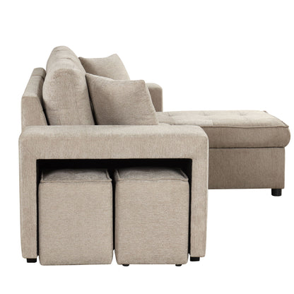 Modern L-Shape 3 Seat Reversible Sectional Couch, Pull Out Sleeper Sofa With Storage Chaise And 2 Stools For Living Room Furniture Set - Cream