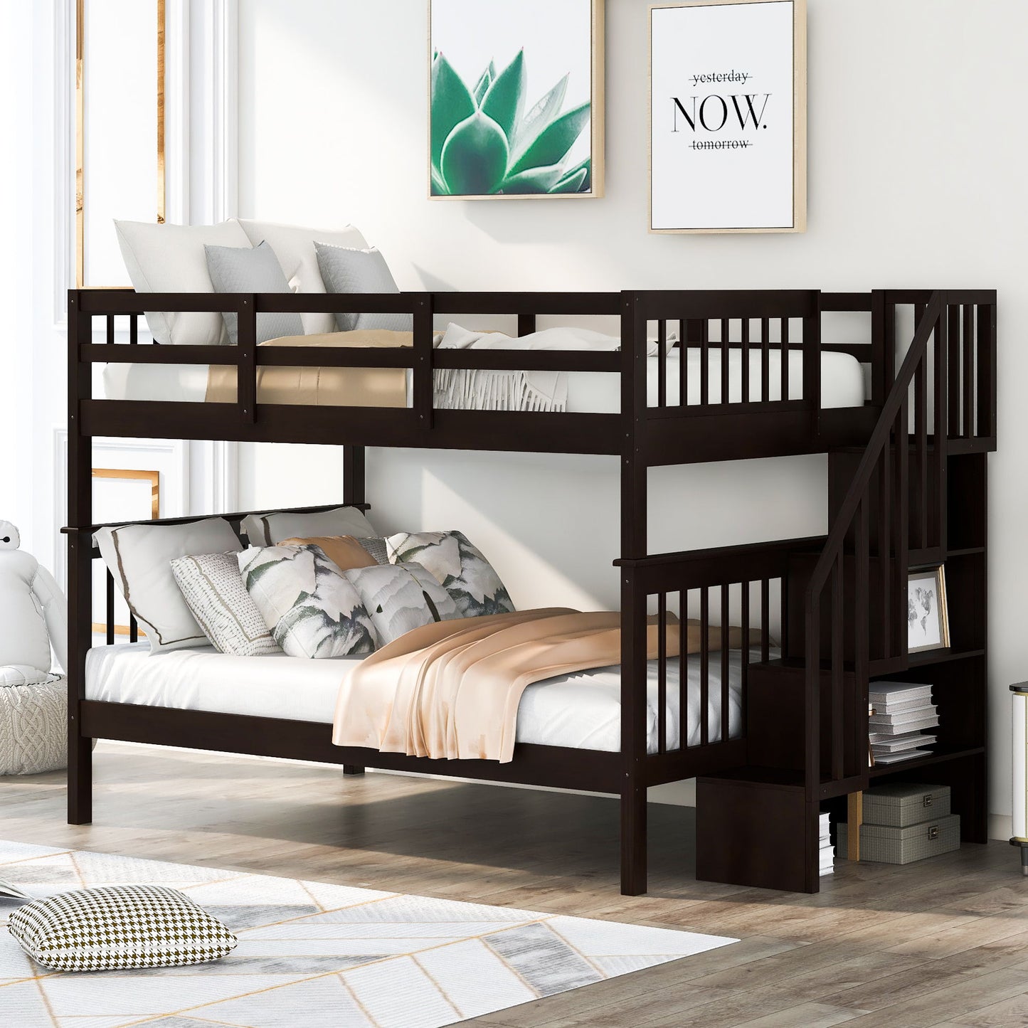 Full Over Full Stairway Bunk Bed With Storage And Guard Rail For Bedroom - Espresso