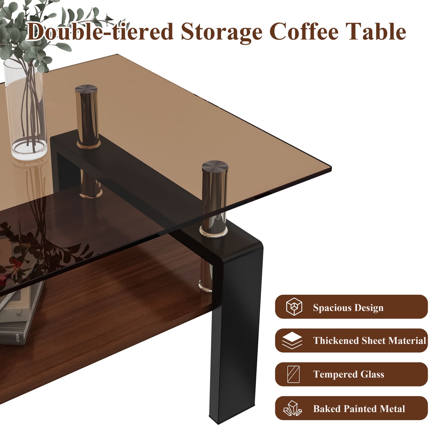 Modern Rectangular Coffee Table With Tempered Brown Glass Top And Layer Table For Living Room - Brown / Black