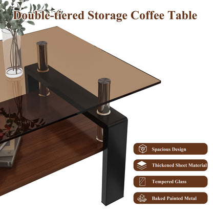 Modern Rectangular Coffee Table With Tempered Brown Glass Top And Layer Table For Living Room - Brown / Black