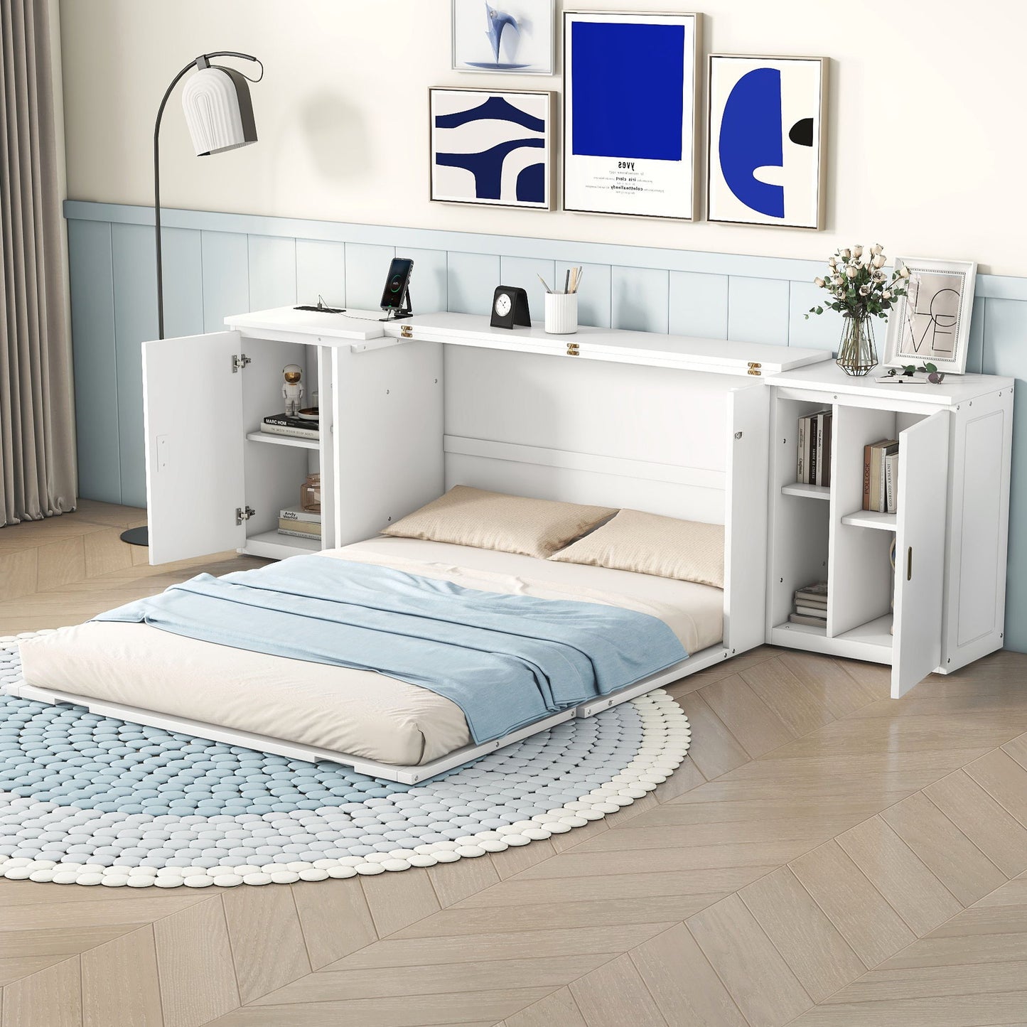 Queen Size Murphy Bed With Shelves, Cabinets And USB Ports - White