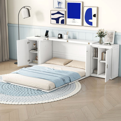 Queen Size Murphy Bed With Shelves, Cabinets And USB Ports - White