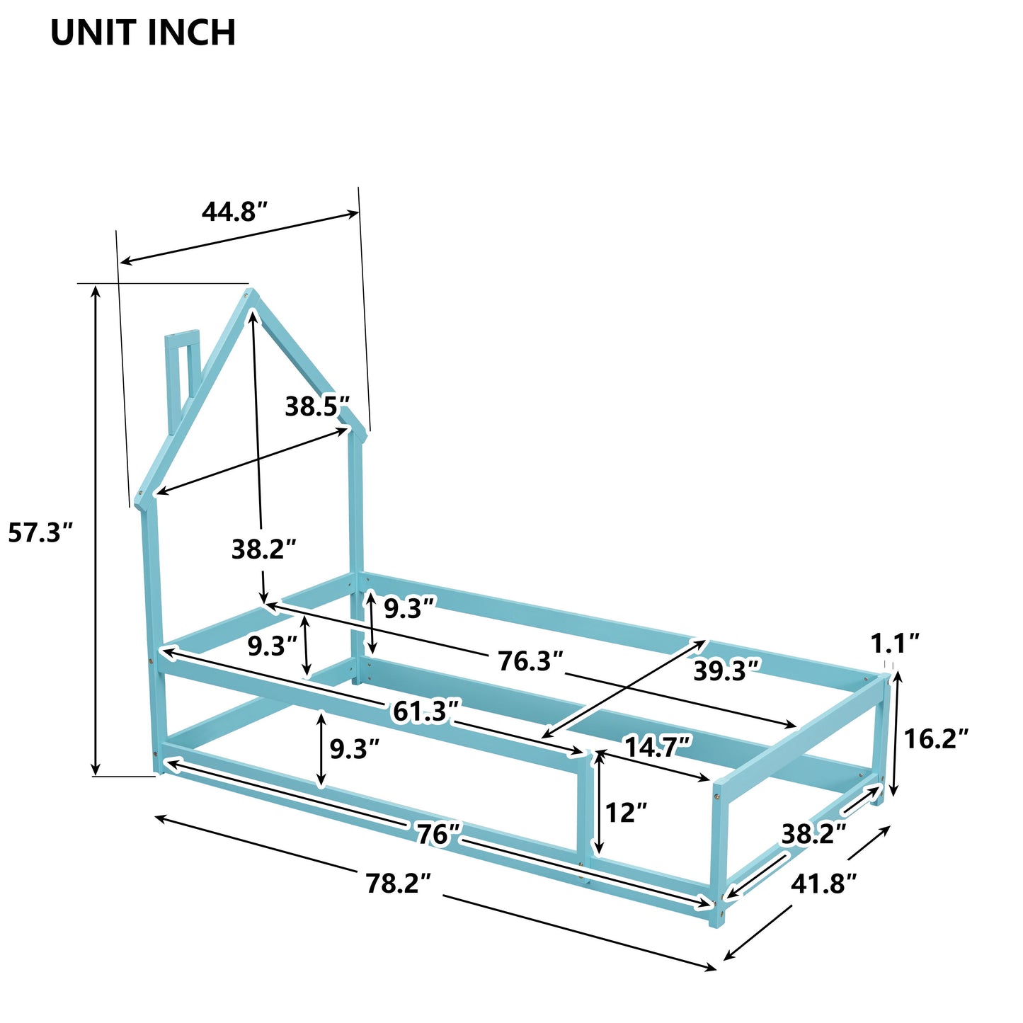 Twin Size Wood Bed With House-Shaped Headboard Floor Bed With Fences - Light Blue