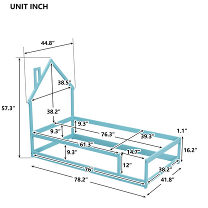 Twin Size Wood Bed With House-Shaped Headboard Floor Bed With Fences - Light Blue
