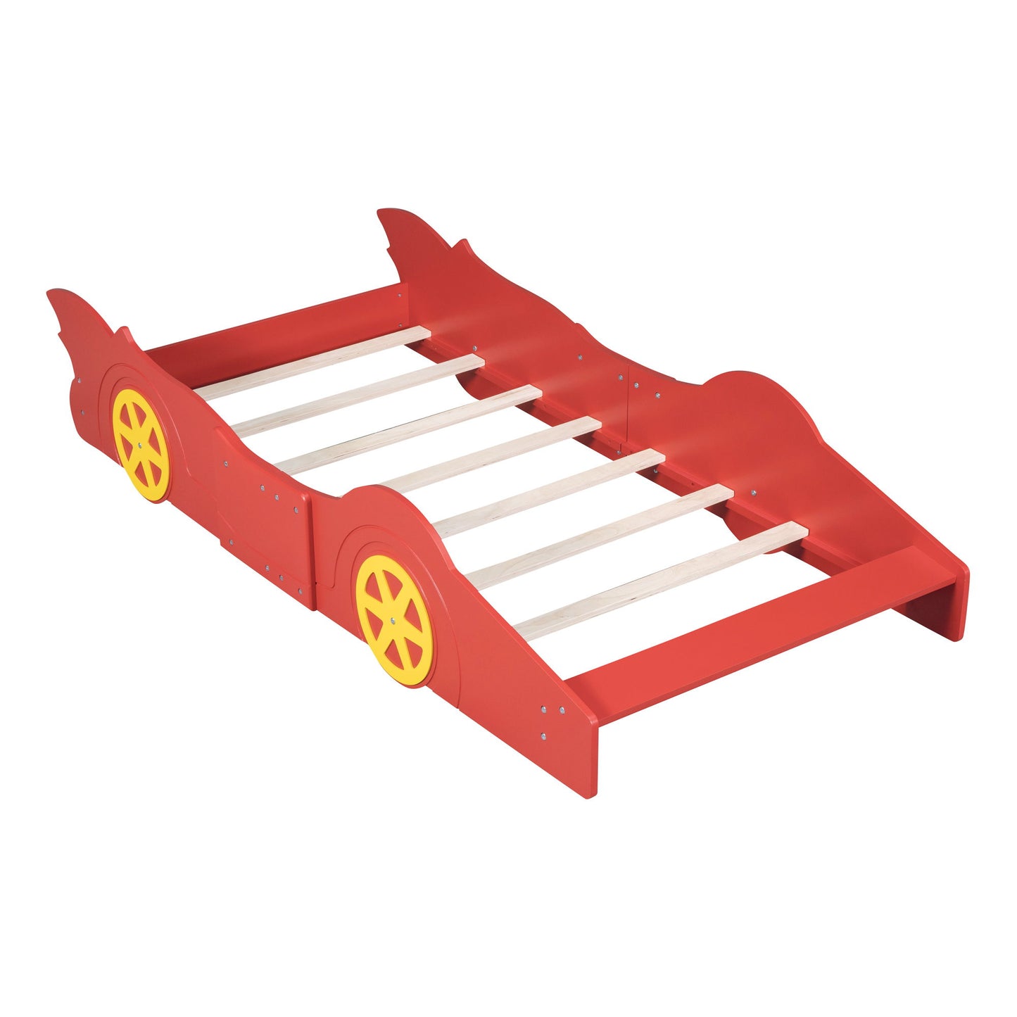 Twin Size Platform Bed Race Car Shaped With Wheels - Red