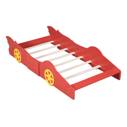 Twin Size Platform Bed Race Car Shaped With Wheels - Red
