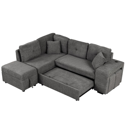 Convertible Sleeper, Sectional Pull Out Sofa Bed With Storage Ottoman, 2 Throw Pillows, 2 Stools, Wireless Charger And Two Hidden USB Ports For Living Room - Dark Gray