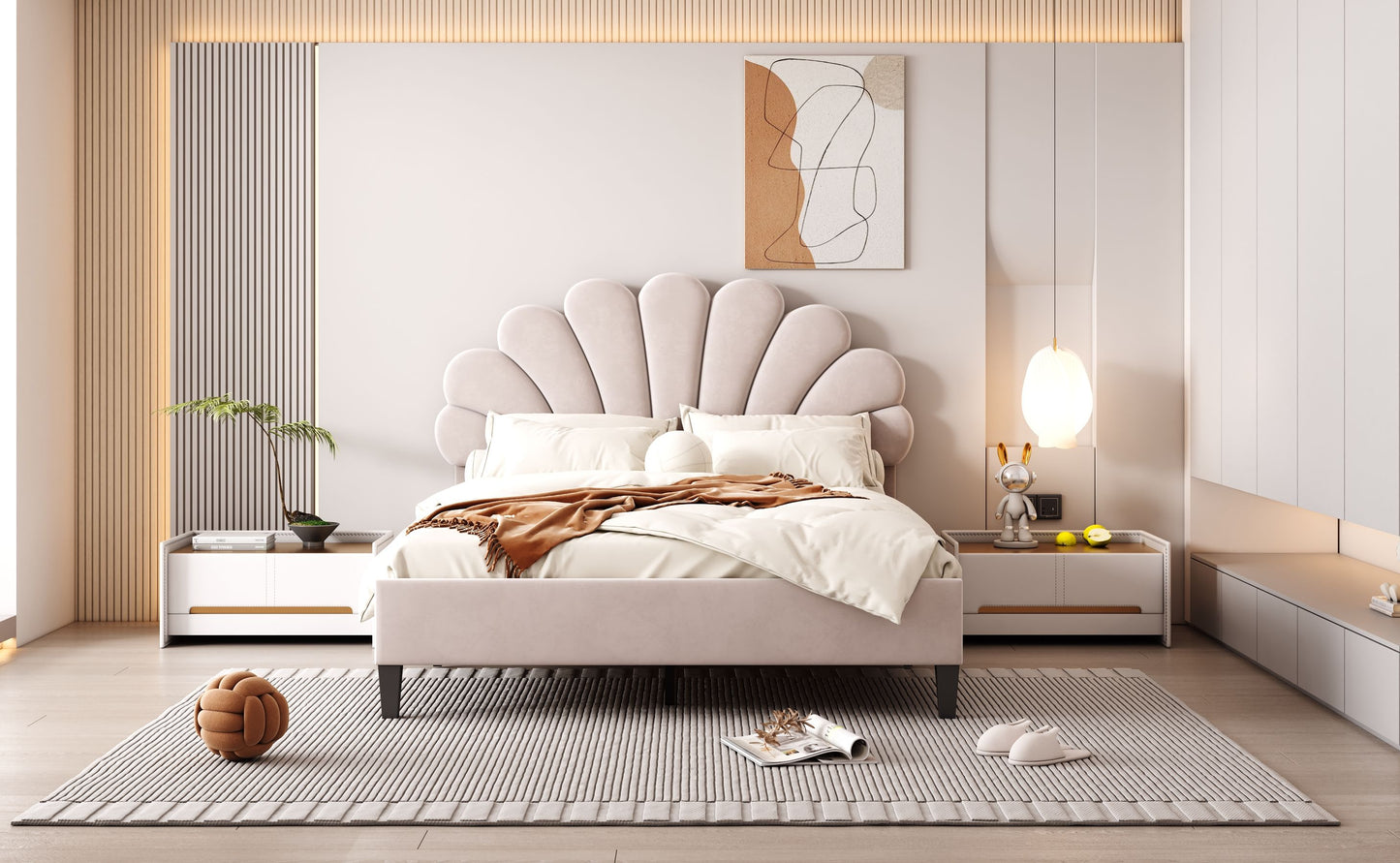 Full Size Upholstered Platform Bed With Flower Pattern Headboard - Beige