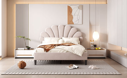 Full Size Upholstered Platform Bed With Flower Pattern Headboard - Beige