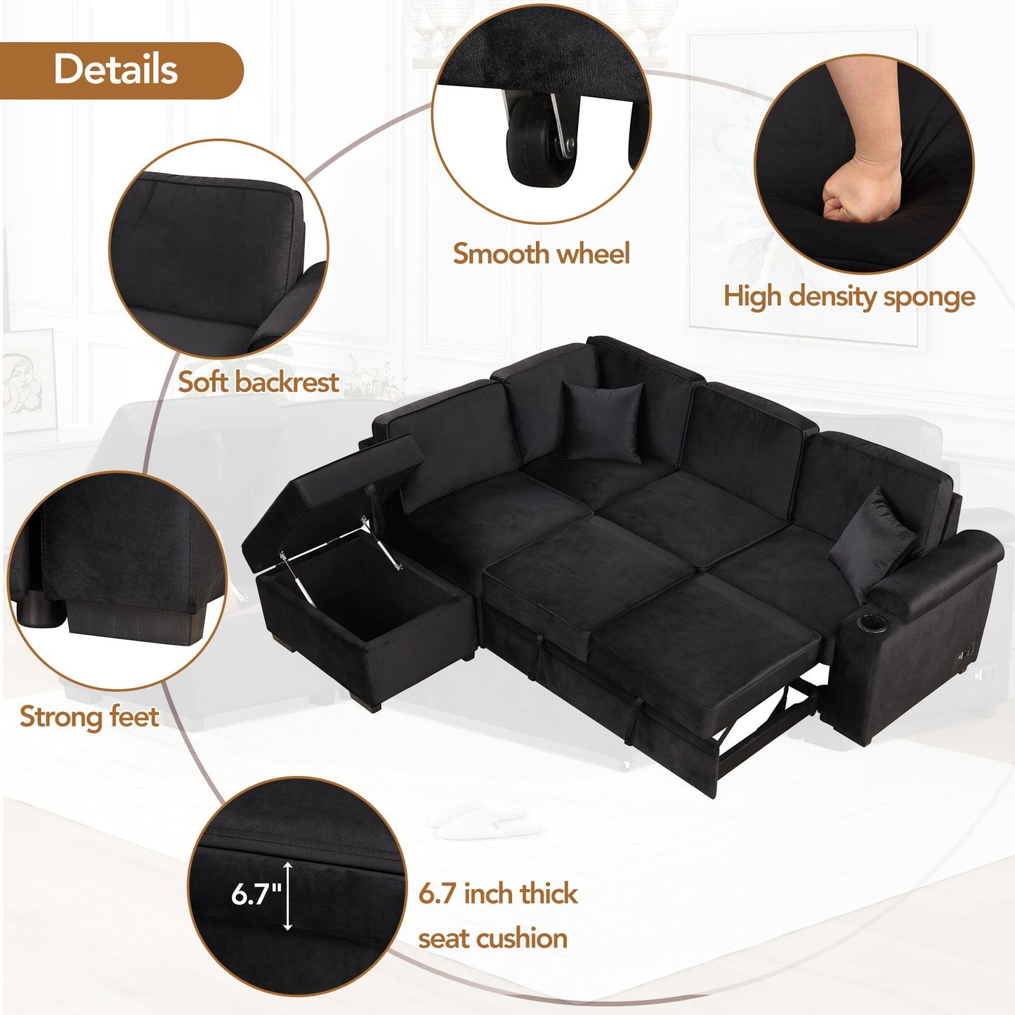 Sleeper Sofa Bed, 2 In 1 Pull Out Sofa Bed L-Shape Couch With Storage Ottoman For Living Room, Bedroom Couch And Small Apartment - Black