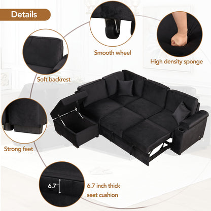 Sleeper Sofa Bed, 2 In 1 Pull Out Sofa Bed L-Shape Couch With Storage Ottoman For Living Room, Bedroom Couch And Small Apartment - Black