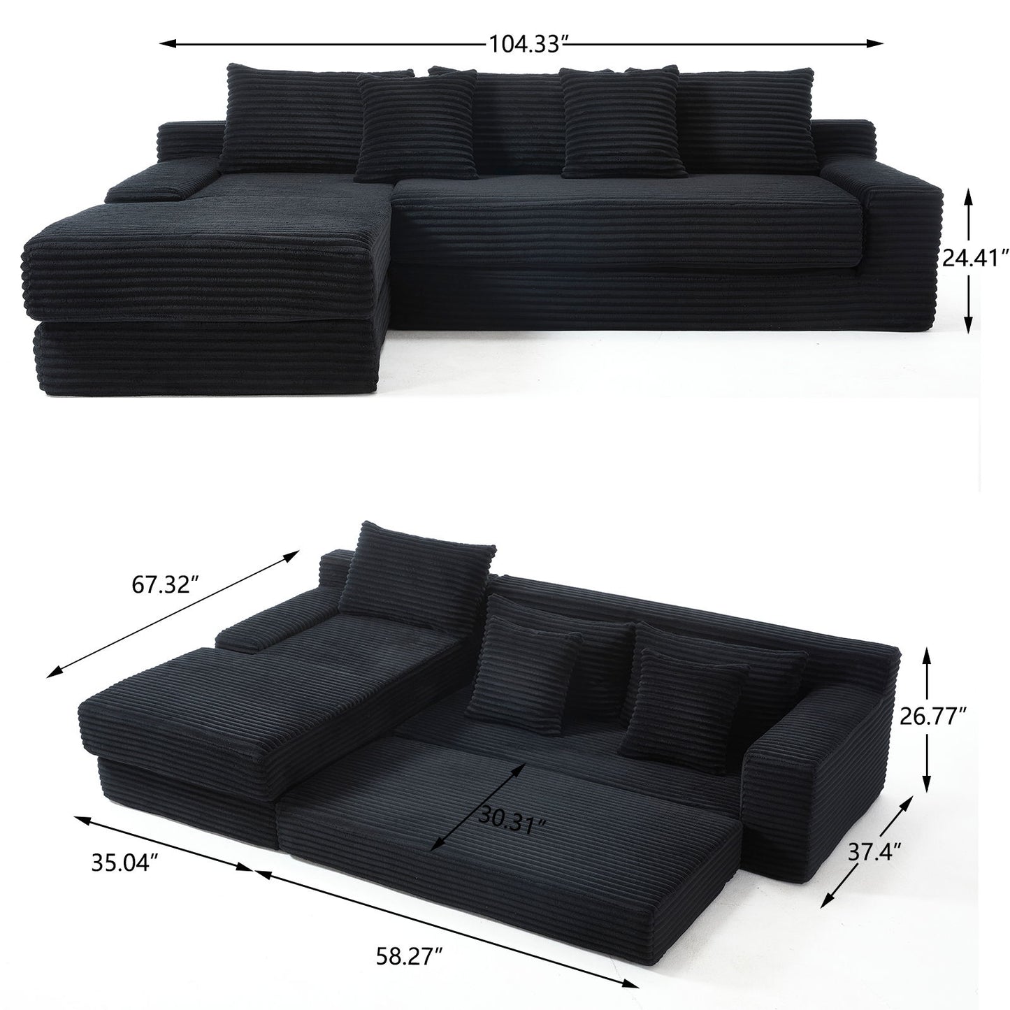 Modern L Shaped Sectional Couch With Memory Foam And Steel Frame - Black