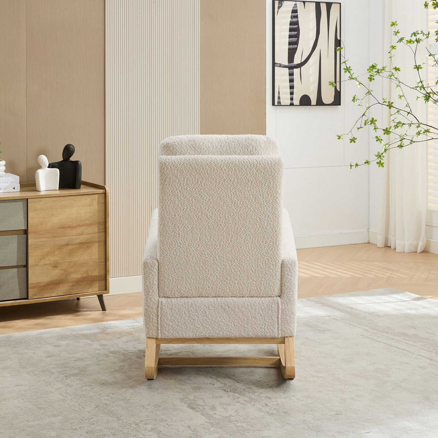 Rocking Chair For Nursery, High Back Glider With Retractable Footrest, Boucle Upholstery, Rubber Wood Legs - Ivory