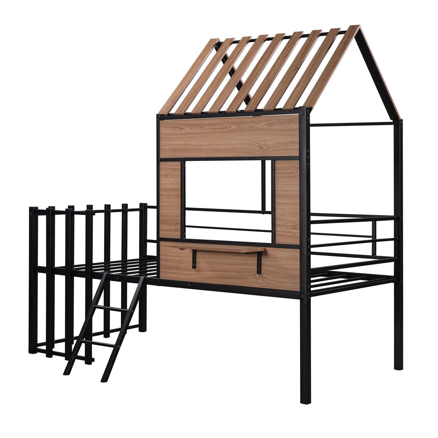 Twin Size Loft Bed With Roof, Window, Guardrail, Ladder - Black