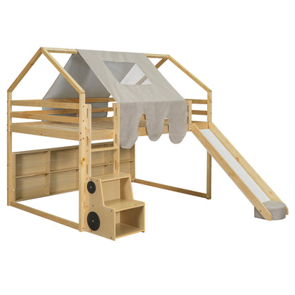 Full Size Loft Bed House Shaped Frame With Tent - Natural / Beige