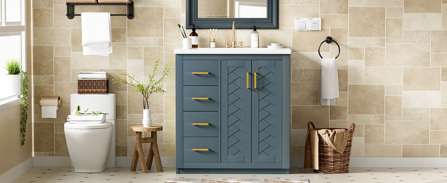 Bathroom Vanity With Ceramic Sink Combo, Frame Bathroom Storage Cabinet, Freestanding Vanity Set With 3 Drawers & Soft Closing Doors - Blue