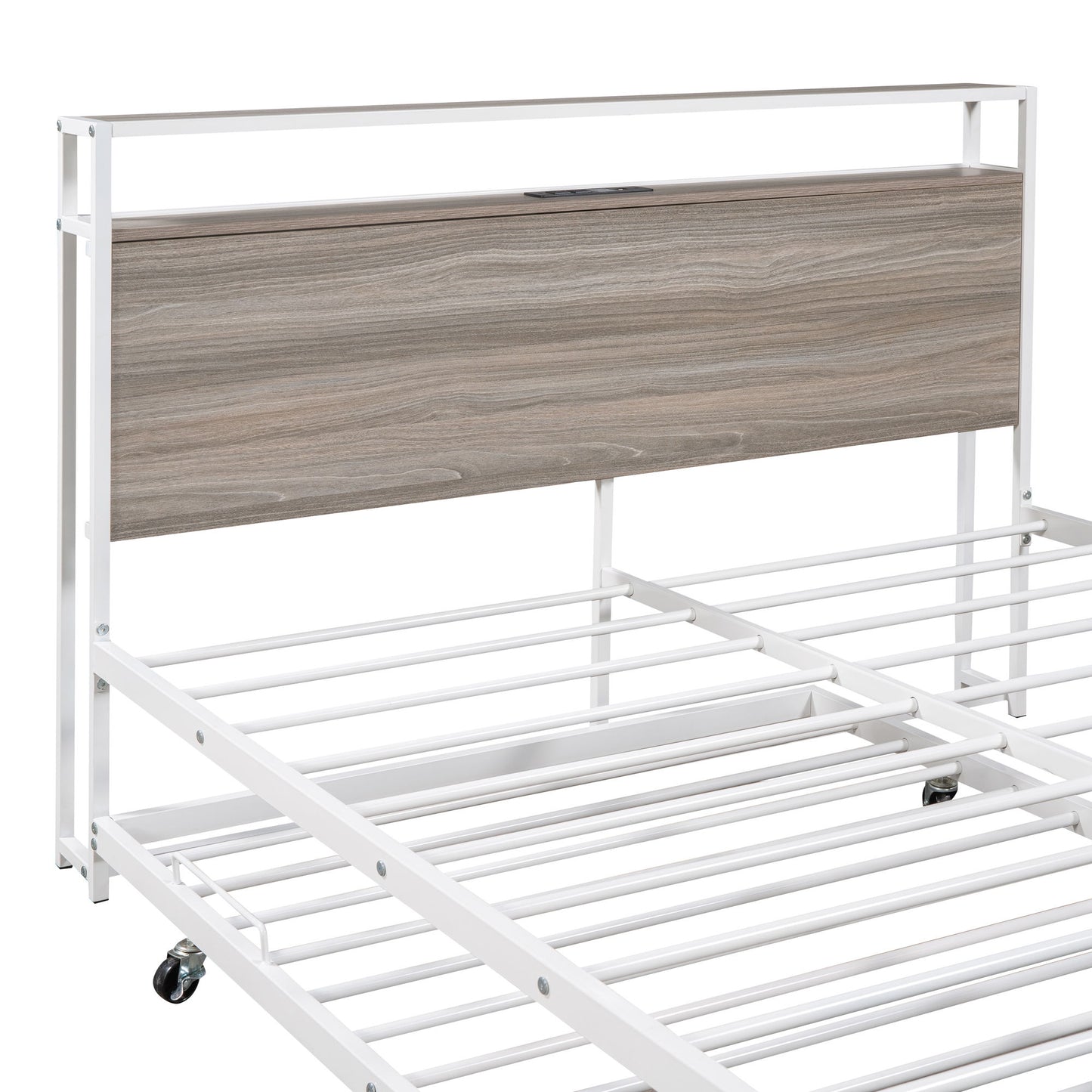 Full Size Platform Bed Frame With Trundle, USB Ports And Slat Support, No Box Spring Needed - White