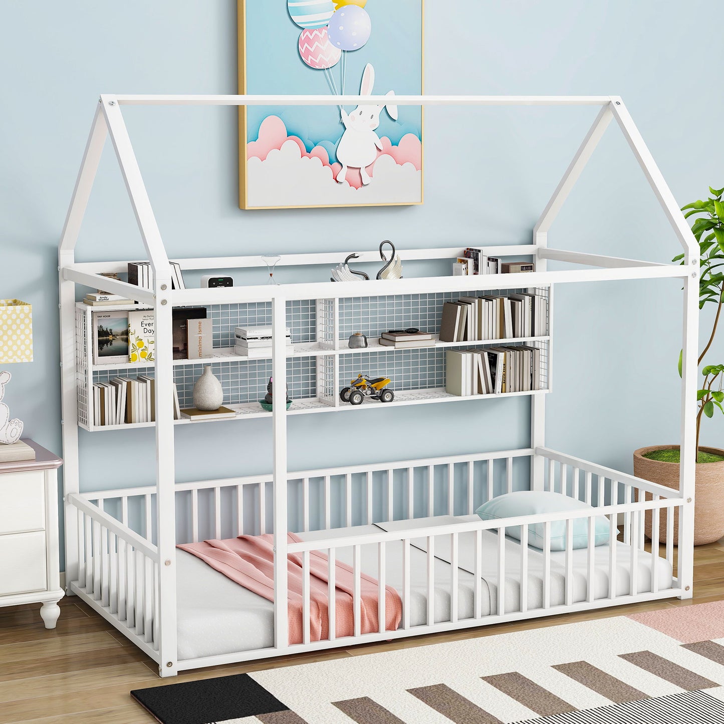 Twin Size Bed House Frame With Fence And Shelves - White