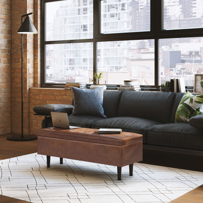 Shay - Mid Century Rectangular Storage Ottoman - Distressed Saddle Brown