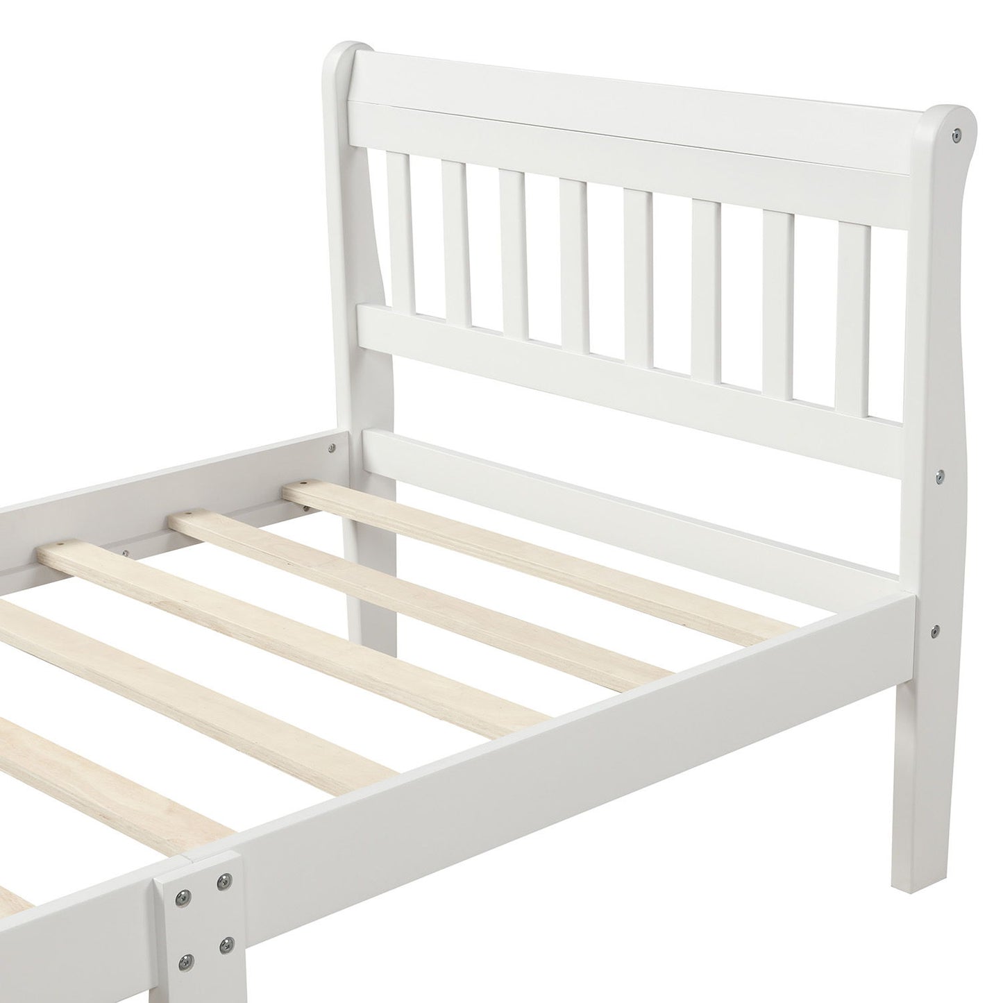 Twin Platform Bed, Mattress Foundation Sleigh Bed With Headboard, Footboard, Slat Support - White