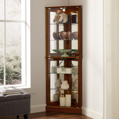Corner Curio Dispaly Cabinet With Lights, Adjustable Tempered Glass Shelves, Mirrored Back (E26 Light Bulb Not Included) - Walnut
