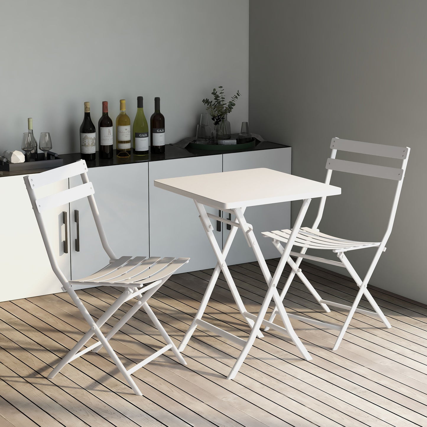 3 Piece Patio Bistro Set Of Foldable Square Table And Chairs - White