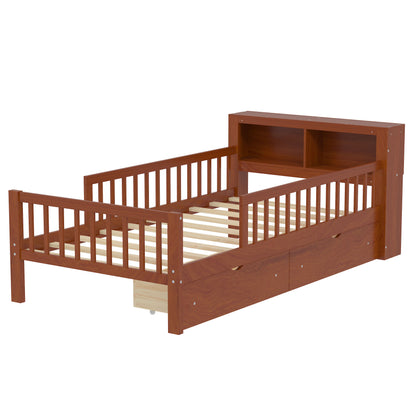 Twin Size Bed With Headboard Storage Rack, 2 Under Bed Drawers, 3 - Side Guardrails For Safety And Security - Walnut