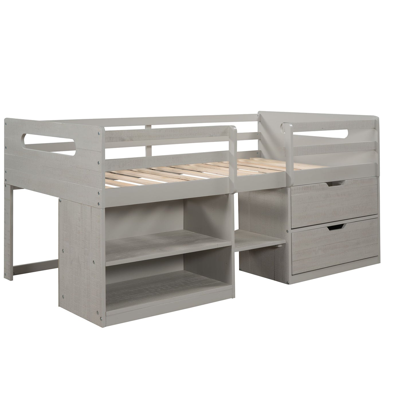 Twin Size Loft Bed With Two Shelves And Two Drawers - Antique Gray