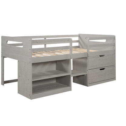Twin Size Loft Bed With Two Shelves And Two Drawers - Antique Gray