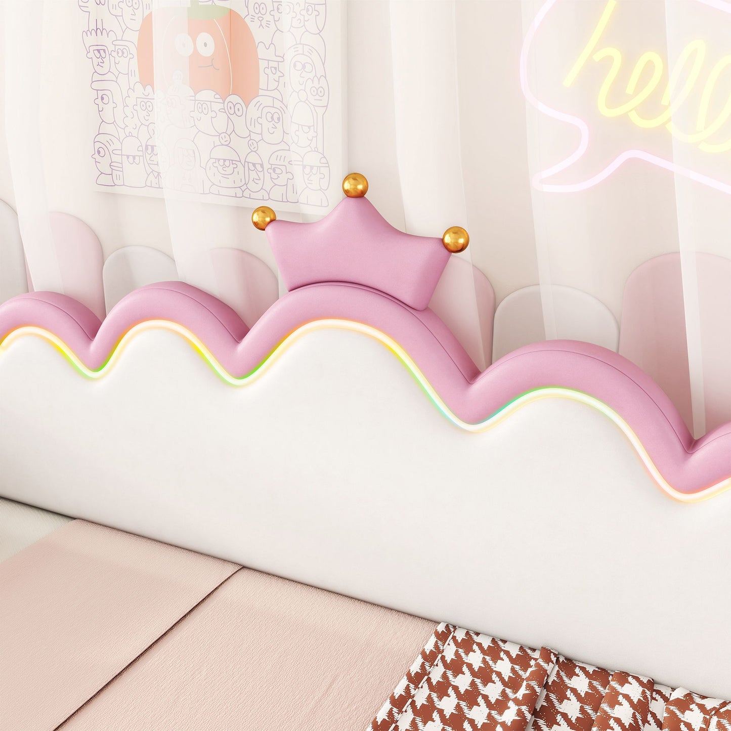 Twin Extending Daybed With LED Lights, Modern Upholstered Princess Daybed With Crown Headboard - Pink
